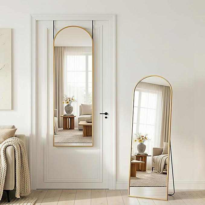 Antok Full Length Over-the-Door Hanging Mirror - Freestanding Wall Mount Leaning Body Mirror for Bedroom Living Room Entryway, 48" L x 14" W, Gold