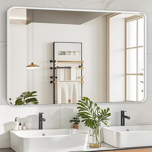 Fabuday Bathroom Mirror 40x30 Inch, White Wall Mirror for Over Sink with Brushed Metal Frame, Rectangular White Vanity Mirror for Decor, Horizontal or Vertical Hanging, Heavy-Duty Hooks