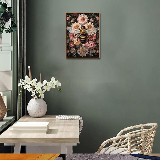 Djmwtb Framed Wall Art Vintage Wall Decor Bee Canvas Art Insect Pictures Floral Paintings Botanical Prints Dark Artwork for Bedroom Living Room