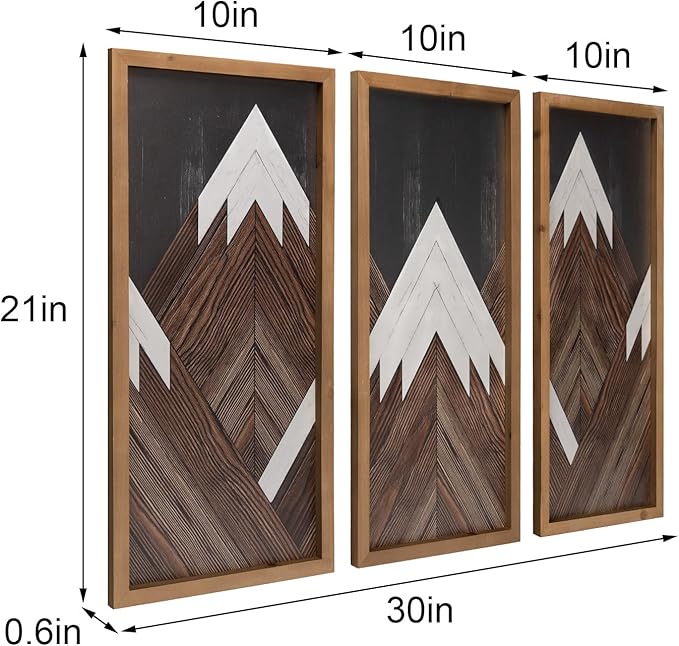 flangairy Set of 3 Mountain Wall Art Framed, 21×10 Inchs Wooden Brown White Abstract Forest Nature Wall Decor, Living Dining Room Bedroom Hallway Rustic Decorations for Home