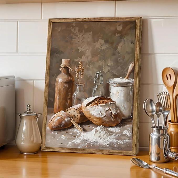 Framed Vintage Kitchen Wall Art, Rustic Bread and Flour Pictures Wall Decor Paintings, Farmhouse Food Poster Canvas Prints Country Home Decor for Dining Room Living Room Bakery 12x16 inch