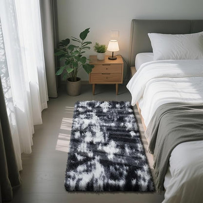 Fluffy Rug Shag Area Rug, Mottling Black 2x4 Area Rugs for Bedroom, Small Bedside Rug, Soft Fluffy Shag Entryway Throw Rugs for Living Room Bedroom Kids Room Home Decor