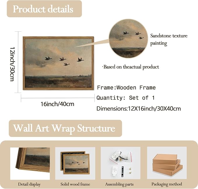 Vintage Flying Duck Wall Art, Rustic Landscape Wall Decor Retro Bird Painting Nature Wilderness 3D Textured Hand Drawn Sandstone Artwork Aesthetics for Bedroom Living Room 12x16 inch Wood Framed