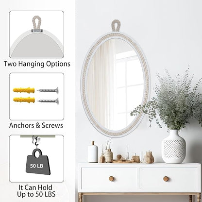 Oval Mirrors for Wall Decor Small White Nautical Rope Mirror Hanging Decorative Beach Coastal Mirror,24''Lx16''W,Oval