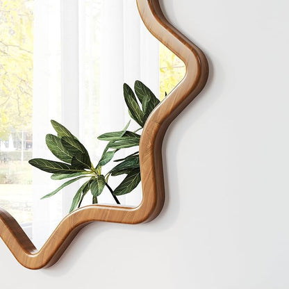 ZIYOO Star Shaped Wall Mirror, Natural Wood Grain Scalloped Edge Decorative Mirror, Boho Accent Mirror for Entryway Bathroom Living Room Bedroom (Wood,28")