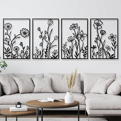 AMAATE Botanical Line Art Metal Wall Decor Set of 4, Black Iron Floral Wall Sculptures Featuring Daisy, Tulip and Wildflower Designs, Minimalist Garden Themed Art for Living Room, Bedroom, Farmhouse Decor,11" X 14.6"