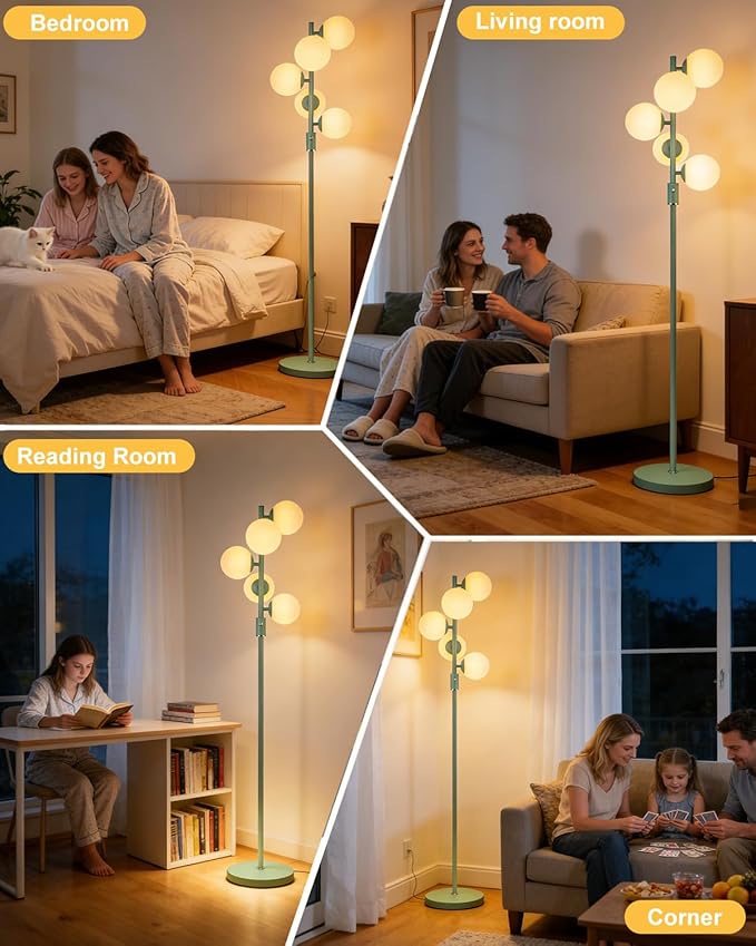 Lightdot Dimmable Globe Floor Lamp Mid Century Modern Floor Lamp with 5Pcs 3000K G9 Bulbs Stepless Brightness Adjustable Green Standing Lamps with 5Lbs Heavy Base for Living Room Bedroom Office