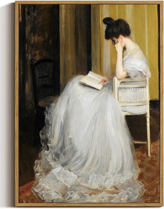 WALLZK Vintage Framed Wall Art Lady Reading Canvas Prints Victorian Women Portrait Decor Pictures Artwork for Walls Living Room Study Bedroom Bathroom 16"x24"