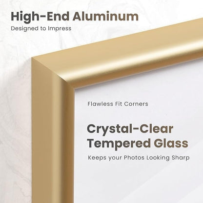 Fun Memories 16x24 Picture Frame Gold, Aluminum Poster Frame 16 x 24 for Wall, 16x24 Frame with Mat for 12x18, Modern Metal Frames 16 by 24 with Tempered Real Glass, 16 x 24 Art Frames