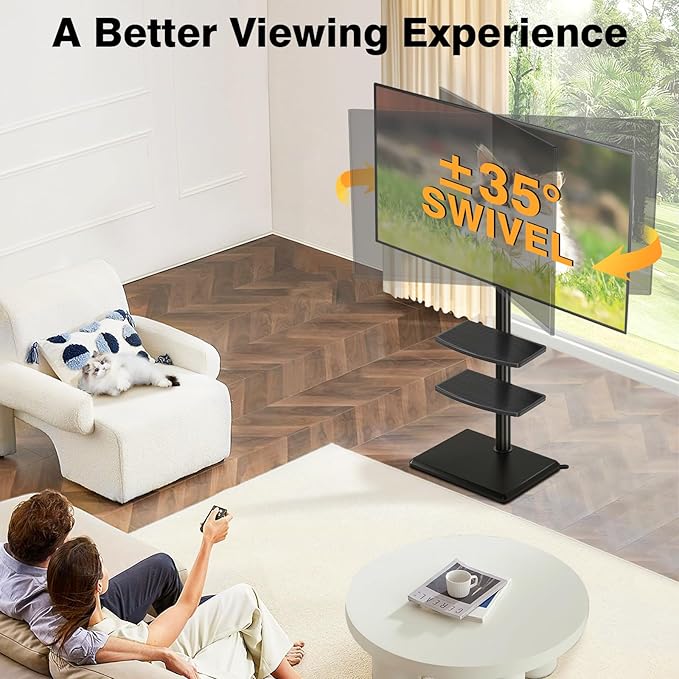 TVON Floor TV Stand with Mount for Most 32-65 Inch Flat/Curved TVs up to 88 lbs, Height Adjustable TV Mount Stand with Wood Base, Swivel TV Stand for Bedroom, Corner & Living Room, Max VESA 400x400mm
