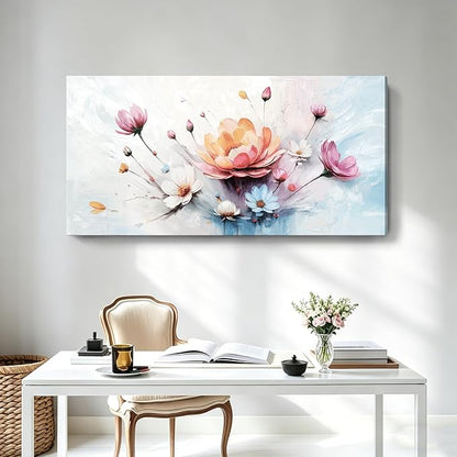 Extra Large Floral Living Room Wall Art (Orange, Pink, & Blue) — Abstract, Colorful Botanical Canvas Print. A Modern, Aesthetically Pleasing Nature-Inspired Wall Decoration, Suitable For Bedrooms, Entryways, Dining Rooms, Balconies, And More. Dimension...