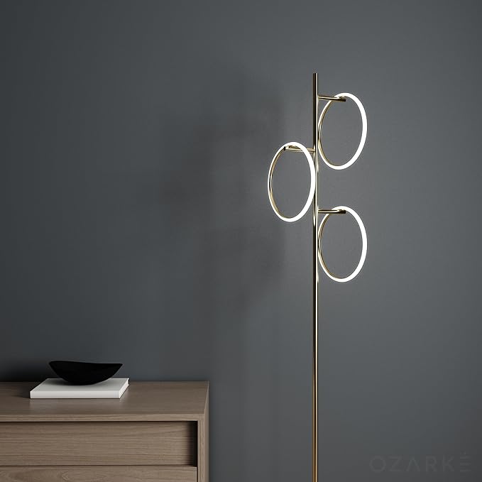 Ozarke Neo Modern Floor Lamp - Mid Century Minimalist Decor Stand Light for Living Room, Bedroom & Home Office, Dimmable Contemporary Tall Lighting with 3 LED Lights - Warm 27000K (Gold)