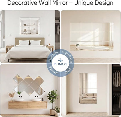 DUMOS 4 Pack Wall Mirror Tiles, Hallway Mirror 14"x12" HD Glass Sheets, Square Mirrors for Wall for Bathroom Living Room Home Gym