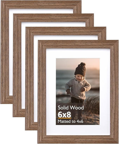 KINLINK 6x8 Picture Frame Brown Wood, Solid Wood Frames with Acrylic Plexiglass for Pictures 4x6 with Mat or 6x8 without Mat, Tabletop and Wall Display Photo Frame, Set of 4