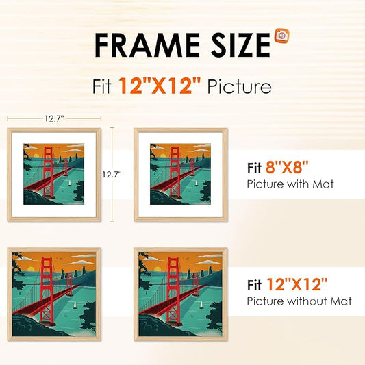 FIXSMITH 12x12 Picture Frame Natural Set of 2, Photo Frame with HD Plexiglass, Display Pictures 8x8 with Mat or 11x17 Without Mat, Gold Picture Frames Collage Wall Decor, Gallary Wall Frame