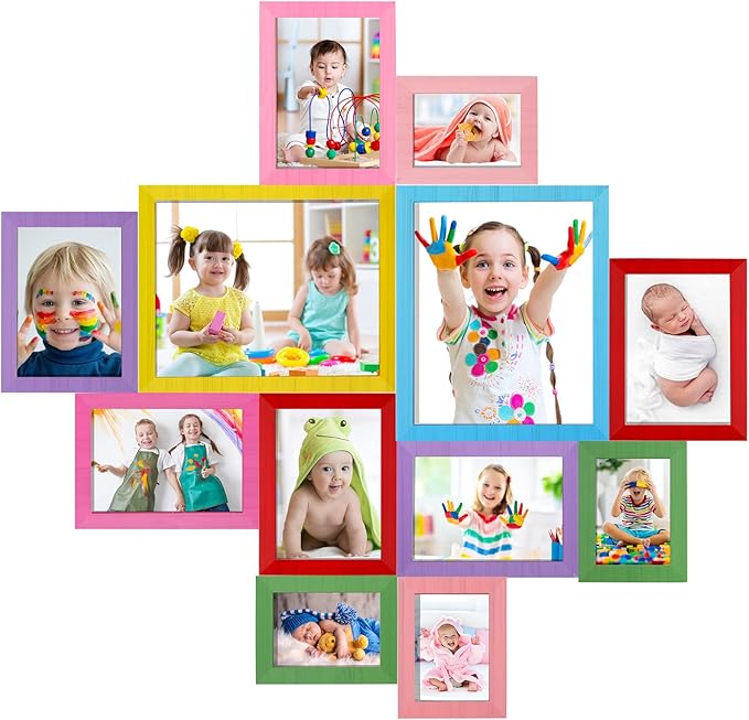 Namalu 12 Pcs Picture Frames Collage Colorful Wall Decor Wood Photo Frames Gallery Wall Pictures Frame Collage Set Art Frames for Kids Art Artwork Wall Tabletop Display, 3 Size