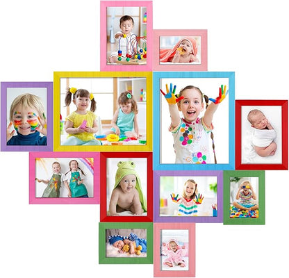 Namalu 12 Pcs Picture Frames Collage Colorful Wall Decor Wood Photo Frames Gallery Wall Pictures Frame Collage Set Art Frames for Kids Art Artwork Wall Tabletop Display, 3 Size