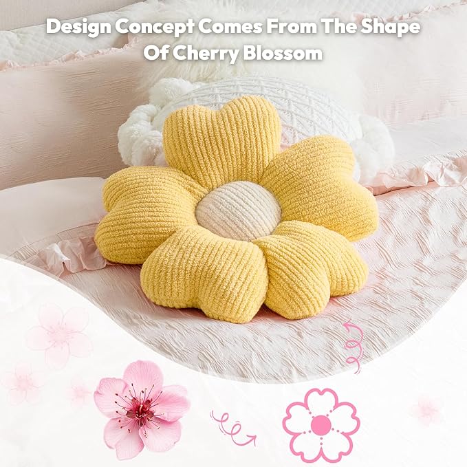 Sioloc Flower Shaped Pillow, Flower Floor Pillow, Seat Cushion, Cute Aesthetic Pillow, Decorative Pillows for Bed Sofa Couch(Yellow,19.7Inch)