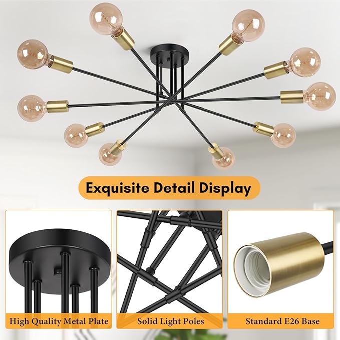 Semi Flush Mount Ceiling Light Fixture, 10-Light Modern Black and Gold Sputnik Chandelier Industrial Ceiling Lamp for Kitchen Dining Room Living Room Bedroom Foyer