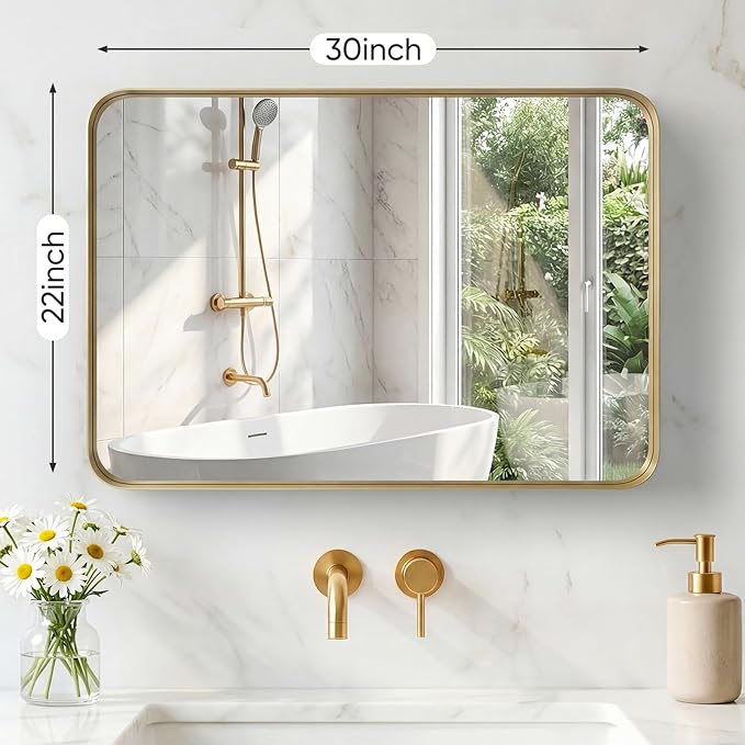 OLIXIS Bathroom Mirror for Over Sink, 30x22 Inch Wall Rounded Rectangle Mirror with Matte Metal Framed, Modern Wall Mount Vanity Mirror for Home Decor, Living Room, Bedroom, Gold