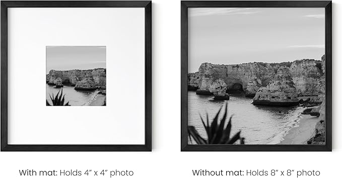HAUS AND HUES 8x8 Black Metal Picture Frame Matted to 4x4 - Features Premium Aluminum & Hanging Hardware, Shatterproof Plexiglass - Ideal for Home, Room, Office (8x8 in, Black, Set of 1)