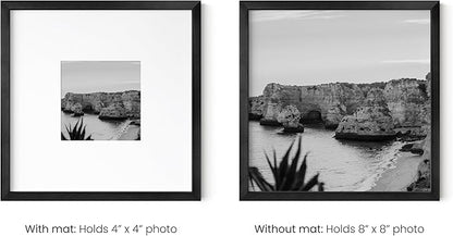 HAUS AND HUES 8x8 Black Metal Picture Frames Matted to 4x4 - Features Premium Aluminum & Hanging Hardware, Shatterproof Plexiglass - Ideal for Home, Room, Office (8x8 in, Black, Set of 6)