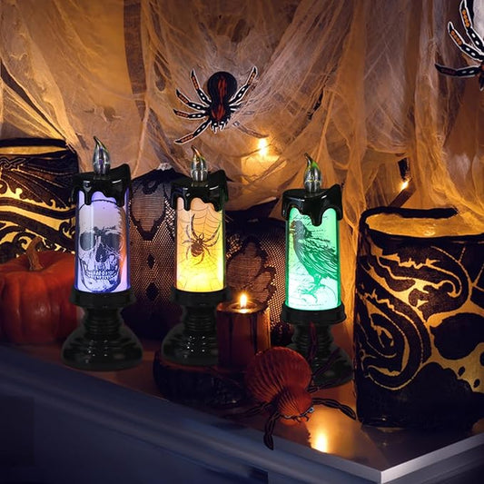 Halloween Flameless Flickering Candle Lights with Remote Timer, Battery Operated LED Candle Lamp Spooky Skull Crow Spider Decals and Lights Indoor Decor(3 Pack, 2.8" D x 7.8" H)
