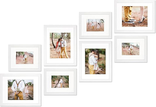 VELISTA 8 Piece Stair Picture Frame Set for Wall Collage – Stairwell Gallery Wall Frame Set -Stairway Décor for Walls - Ladder Picture Frames with Mat 5x7 and 8x10 in - Staircase Wall Décor (White)