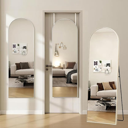 Dewfig Door Mirror with Stand, Arched Full Length Mirrors Over The Door, 16"x 50" Hanging or Wall Mirror, Full Body Mirrors for Bedroom,Living Room,White