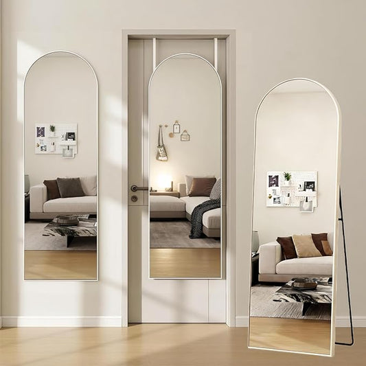 Dewfig Door Mirror with Stand, Arched Full Length Mirrors Over The Door, 16"x 50" Hanging or Wall Mirror, Full Body Mirrors for Bedroom,Living Room,White