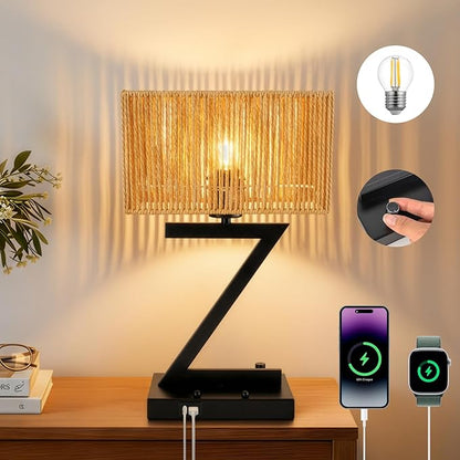 Touch Control Table Lamp, Black Z-Style : 3-Way Dimmable Desk Lamp with USB C & USB A Ports, Bedside Lamp with Phone Stand for Office, Bedroom, Living Room, Includes LED Bulb