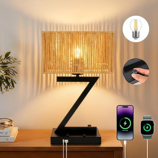 Touch Control Table Lamp, Black Z-Style : 3-Way Dimmable Desk Lamp with USB C & USB A Ports, Bedside Lamp with Phone Stand for Office, Bedroom, Living Room, Includes LED Bulb