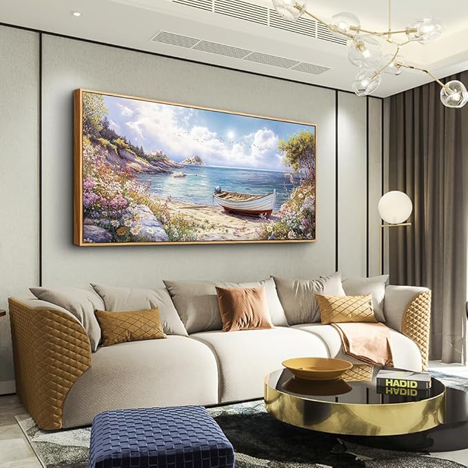 Wood Farmed Large Wall Decor For Living Room Canvas Wall Art For Office Modern Wall Decorations For Bedroom The Sea Boat Landscape Painting Farmhouse Pictures Artwork Room Home Decor 24x48 In