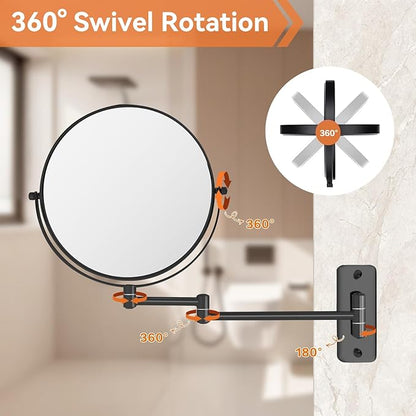 8” Makeup Mirror Wall Mounted, 1X/10X Double-Sided Wall Mount Magnifying Bathroom Mirror with Folding Extendable Arm, 360° Swivel Vanity Shaving Mirror for Bathroom and Makeup, Black (No Light
