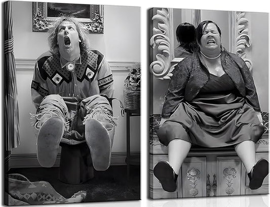 Funny Bathroom Wall Art Set of 2 - Black and White Vintage Humor Wall Decor, Dumb And Dumber Movie Posters Art, Funny Bathroom Decor Canvas Wall Art 16x24in Framed