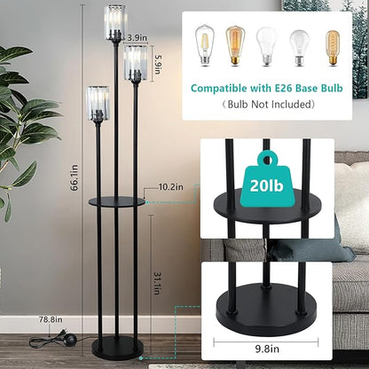 HMVPL Crystal Floor Lamp with Shelves, Modern Floor Lamps for Living Room, 3-Light Standing Lamps with Table, Black Tall Lamp with Crystal Shade, On/Off Foot Switch, Corner Floor Lamp for Bedroom