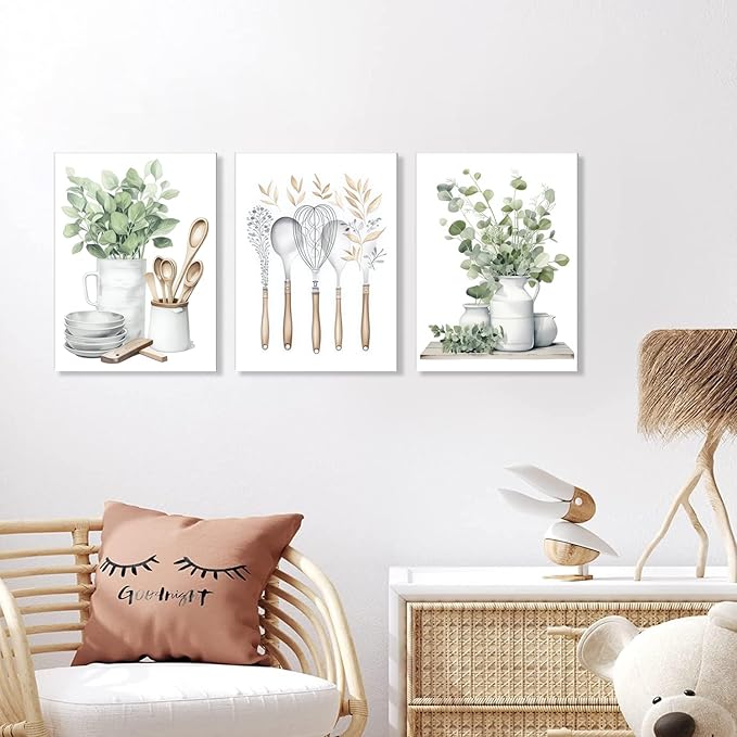 YFvrPt Sage Green Kitchen Wall Art Set of 3, Eucalyptus Leaves Plant Dining Room Painting Wall Decor, Boho Botanical Canvas Poster Print Farmhouse Pictures for Home Decoration Framed 12"x16"