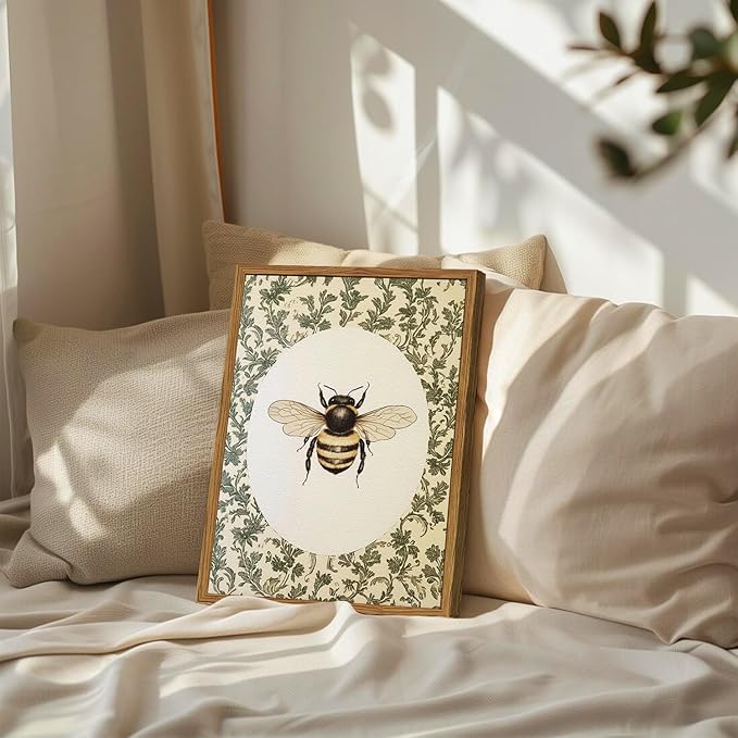 Framed Vintage Bee Wall Art, Rustic Insect Pictures Wall Decor, 3D Textured Sandstone Green Botanical Paintings Prints Cottagecore Home Decor for Living Room Bedroom Office 12x16 inch
