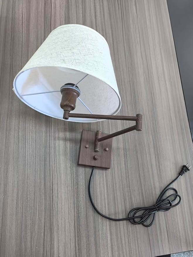 TRLIFE Dimmable Wall Sconce Plug in, Wall Sconces Set of Two Swing Arm Wall Lights with Plug in Cord and On/Off Dimmer Rotary Switch, 11.8" Large Beige Fabric Shade(2 Pack, Walnut Color)