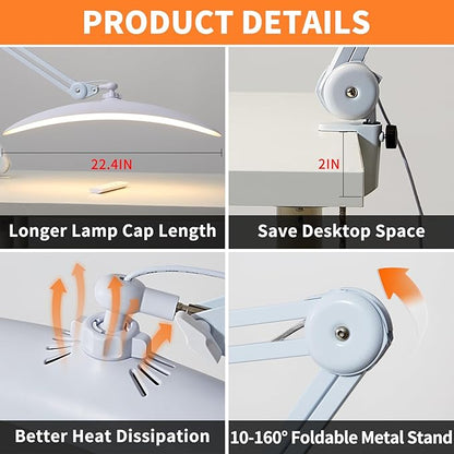 48W Eye-Caring LED Clip On Desk Lamp, 2700K/4200K/5600K with Clamp and Remote, Curved Design for Focused Lighting, CRI 95+ for Nail, Crafting, Painting, Hobby & Computer Monitor Light