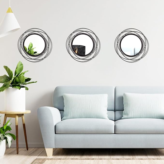 3 Set. Round Mirrors for Wall Decor Living Room Bedroom Bathroom Dining Room Metal Circle Mirror Set Boho Decorative Sunburst Wall Art Accent Entryway - Black 9.5 in.