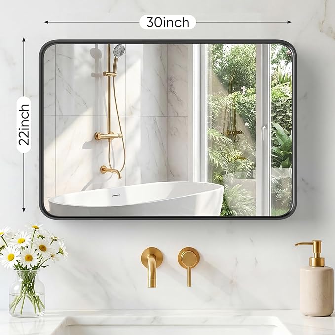 OLIXIS Bathroom Mirror for Over Sink, 30x22 Inch Wall Rounded Rectangle Mirror with Matte Metal Framed, Modern Wall Mount Vanity Mirror for Home Decor, Living Room, Black