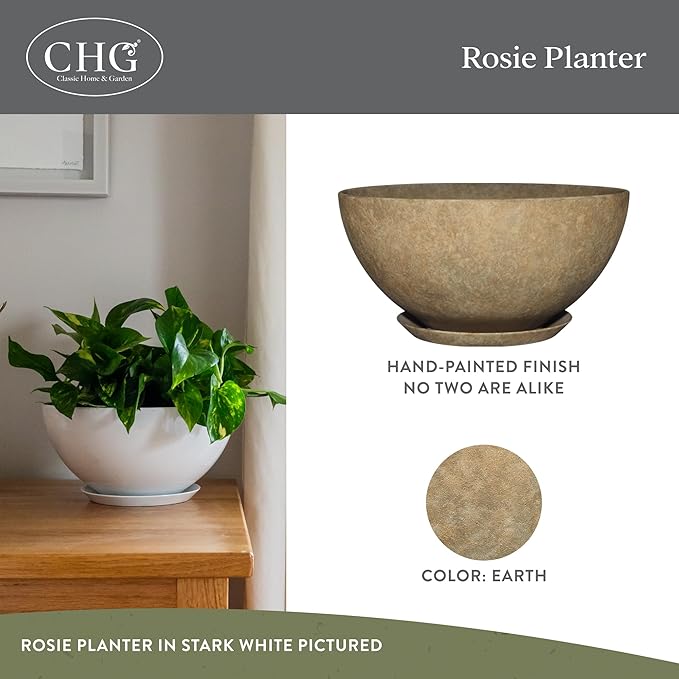 Classic Home and Garden by Growscape Rosie Modern Planter w/Drainage - Contemporary Planter Bowls - Shallow Round Vases for Small Plants - Versatile Indoor & Outdoor Pots (10” Earth)