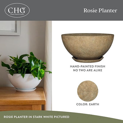 Classic Home and Garden by Growscape Rosie Modern Planter w/Drainage - Contemporary Planter Bowls - Shallow Round Vases for Small Plants - Versatile Indoor & Outdoor Pots (10” Earth)