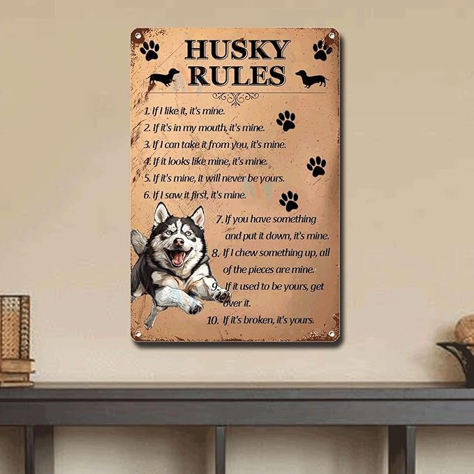 Metal Sign Tin Sign Vintage Wall Art Husky Rules Bathroom Signs for Home for Pub 12×16 Inches