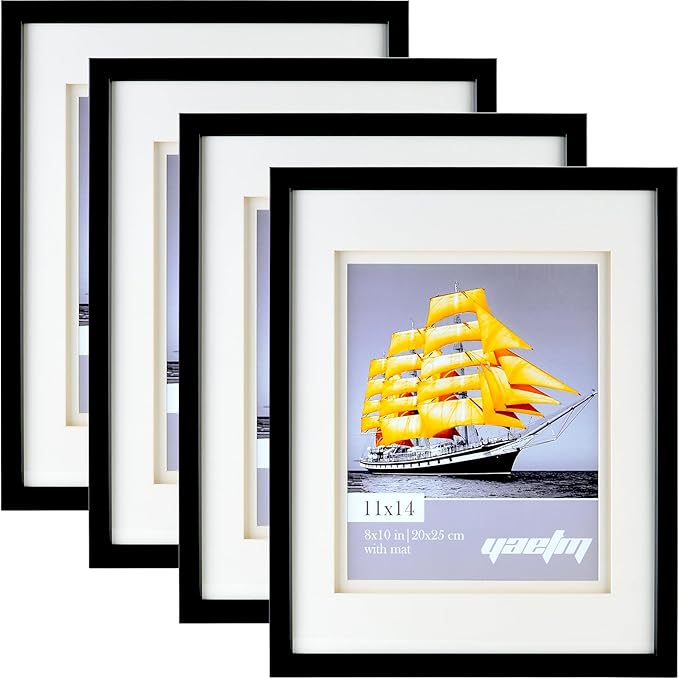 Yaetm 11x14 Double Floating Mat Picture Frame Set of 4, Display Picture 8x10 with White Double Mat, Polished High Definition Real Glass, Wall Mounting Photo Frames, Black/White, 4 Pack