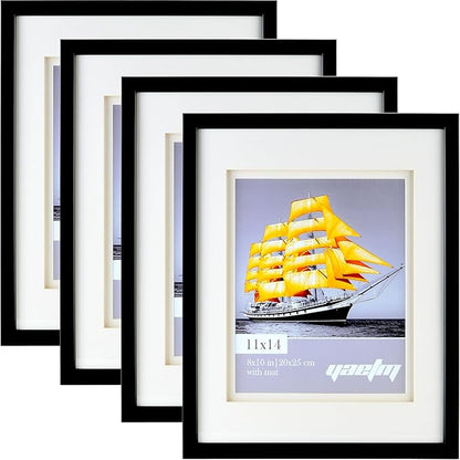 Yaetm 11x14 Double Floating Mat Picture Frame Set of 4, Display Picture 8x10 with White Double Mat, Polished High Definition Real Glass, Wall Mounting Photo Frames, Black/White, 4 Pack