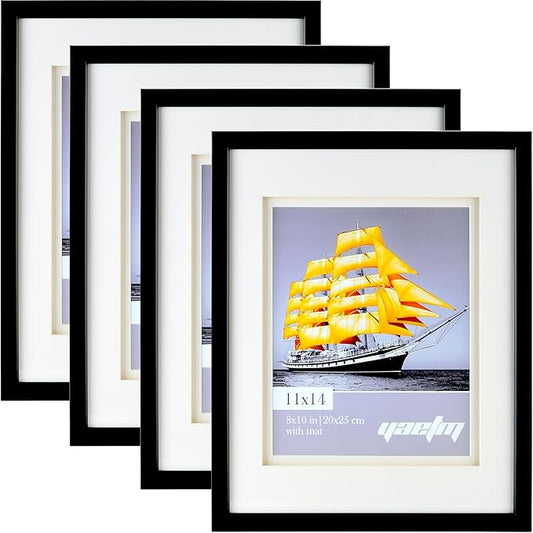 Yaetm 11x14 Double Floating Mat Picture Frame Set of 4, Display Picture 8x10 with White Double Mat, Polished High Definition Real Glass, Wall Mounting Photo Frames, Black/White, 4 Pack