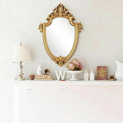 Vintage 16 x 11 Inch Large Decorative Wall Mirror Gold Shield Shape, Wall-Mounted Decorative Mirror, Retro Hanging Mirror for Entryway, Corridor, Bedroom, Living Room Vanity