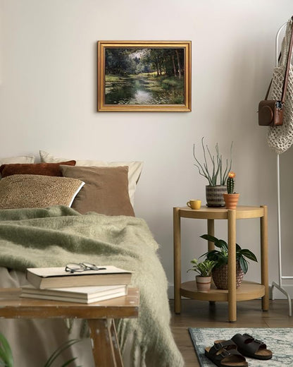 Bzstyleart Vintage Wall Art Decor for Office, Vintage Gold Framed Landscape Wall Art, Forest Riverside Painting, Room Decor Aesthetic for Living Room, 12 x 16 Inch